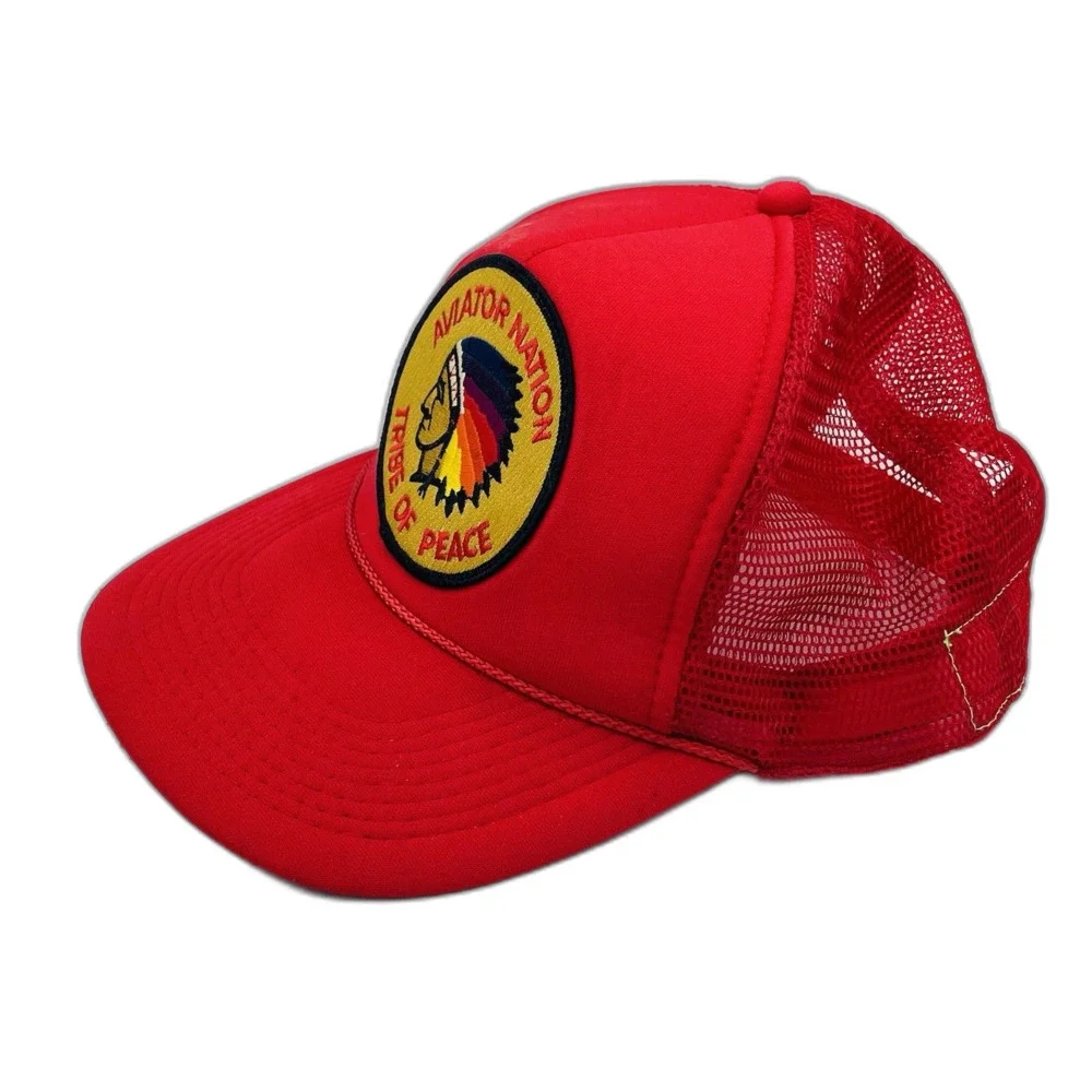 Aviator Nation Red Trucker Hat Logo Rare Tribe Of Peace Rainbow Feathers